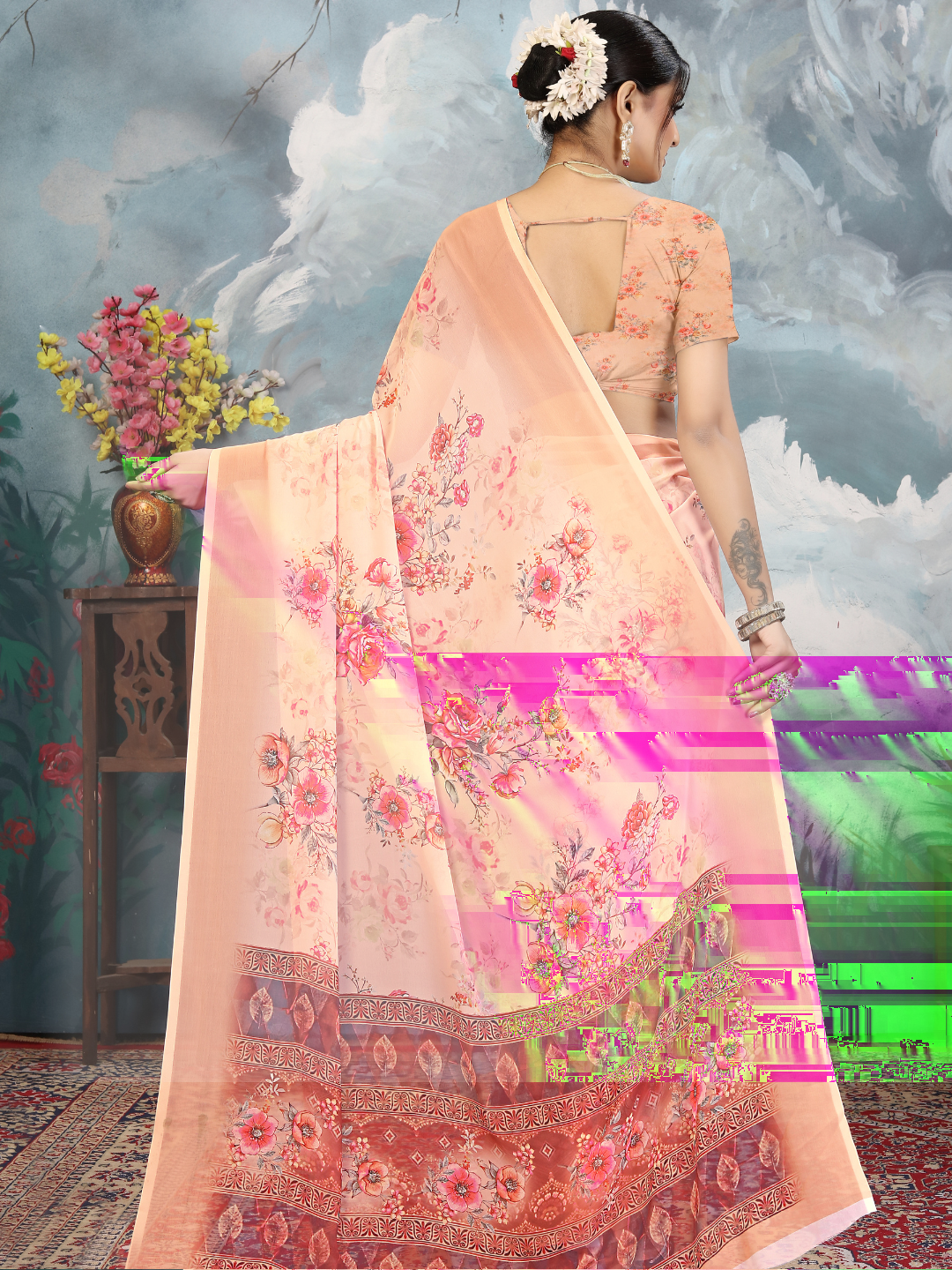 ZAMUNA Orange Georgette Floral Digital Print Saree with Blouse Piece – Elegant Wedding & Festive Wear - ZAMUNA