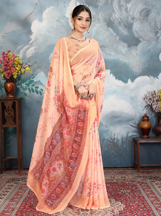 ZAMUNA Orange Georgette Floral Digital Print Saree with Blouse Piece – Elegant Wedding & Festive Wear