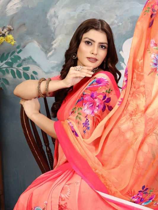 ZAMUNA Orange Georgette Floral Digital Print Saree with Blouse Piece – Festive Glow for Weddings