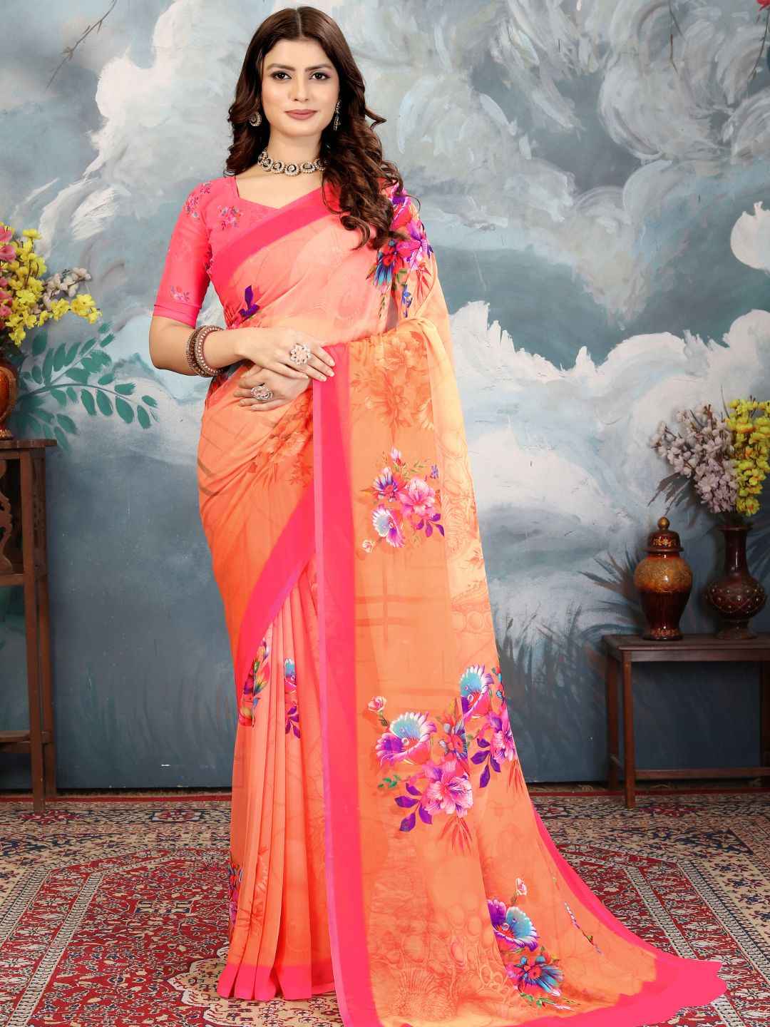 ZAMUNA Orange Georgette Floral Digital Print Saree with Blouse Piece – Festive Glow for Weddings