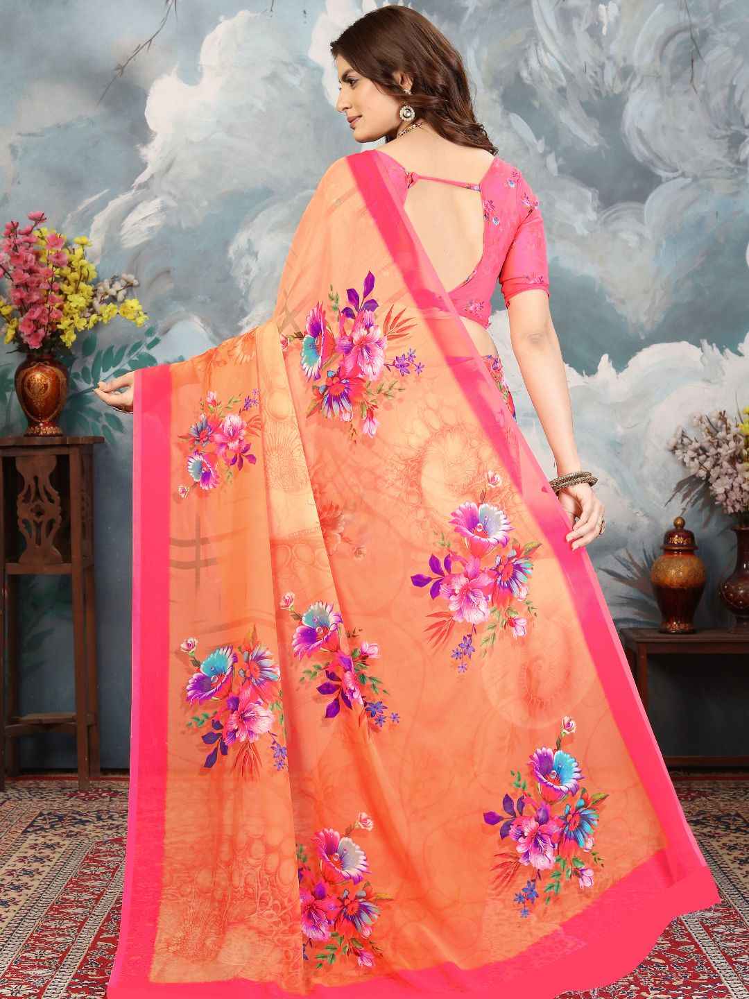 ZAMUNA Orange Georgette Floral Digital Print Saree with Blouse Piece – Festive Glow for Weddings