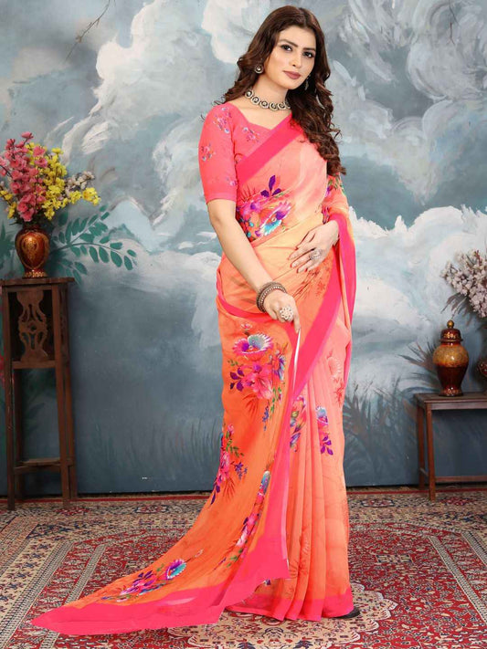 ZAMUNA Orange Georgette Floral Digital Print Saree with Blouse Piece – Festive Glow for Weddings
