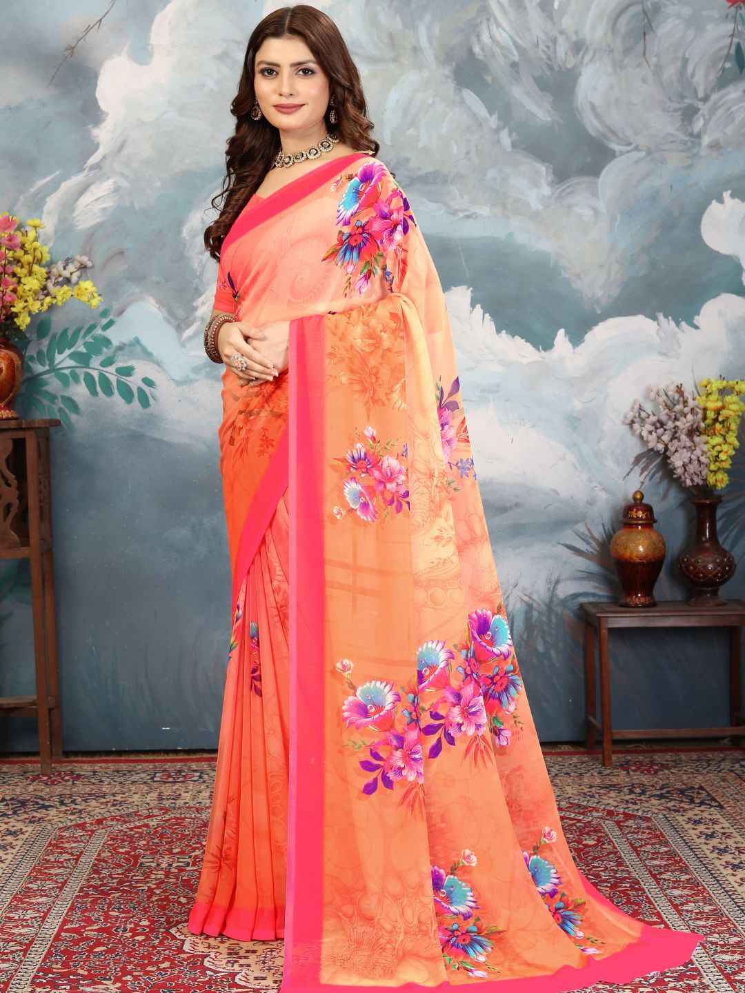 ZAMUNA Orange Georgette Floral Digital Print Saree with Blouse Piece – Festive Glow for Weddings