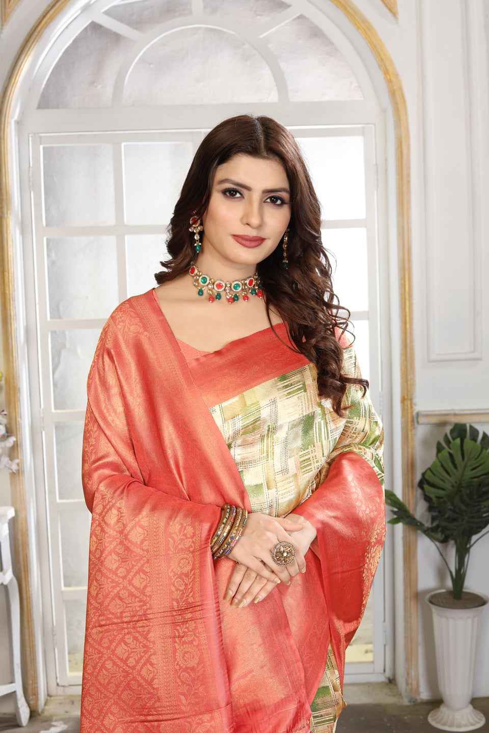 ZAMUNA Orange Silk Woven Digital Print Saree with Blouse Piece – Bright & Festive Party Saree