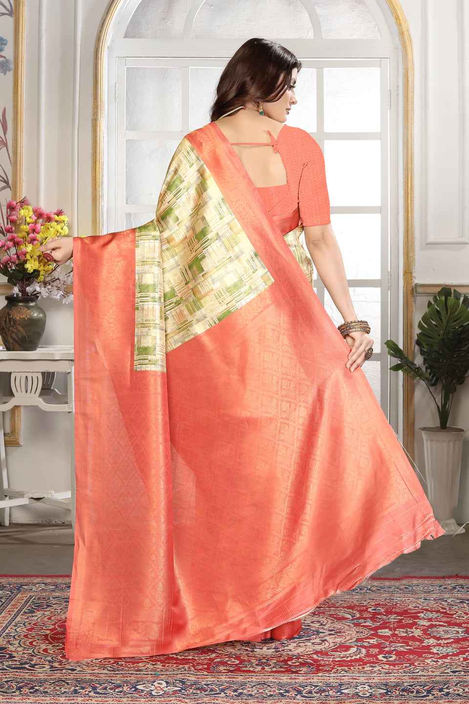 ZAMUNA Orange Silk Woven Digital Print Saree with Blouse Piece – Bright & Festive Party Saree