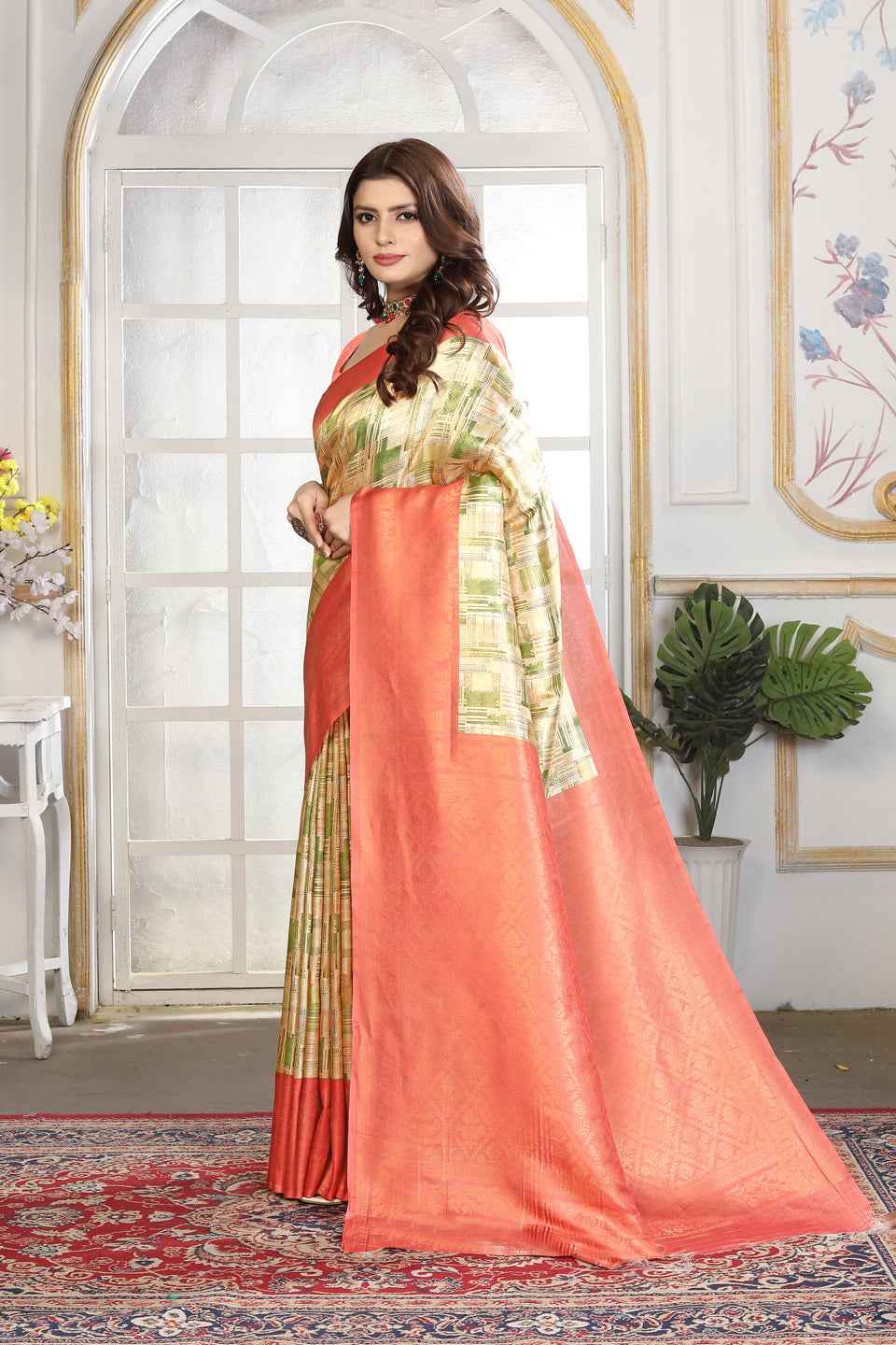 ZAMUNA Orange Silk Woven Digital Print Saree with Blouse Piece – Bright & Festive Party Saree