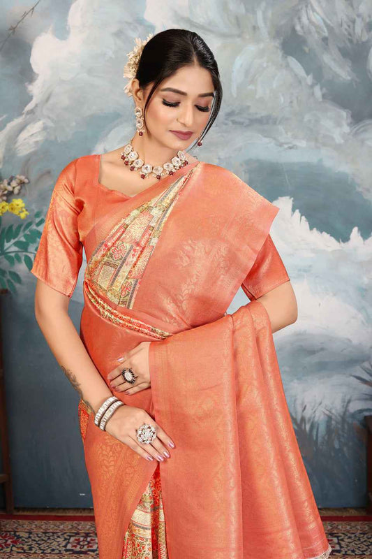 ZAMUNA Orange Silk Woven Digital Print Saree with Blouse Piece – Vibrant Party & Celebration Saree