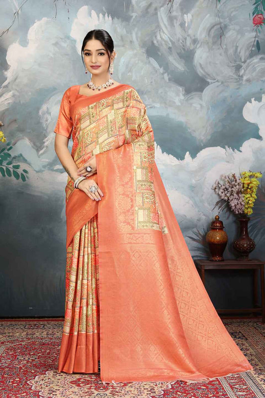 ZAMUNA Orange Silk Woven Digital Print Saree with Blouse Piece – Vibrant Party & Celebration Saree