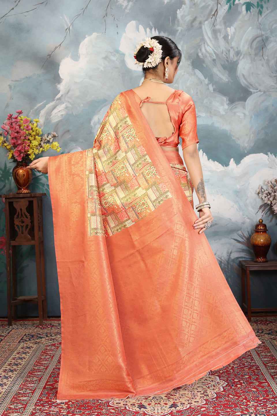 ZAMUNA Orange Silk Woven Digital Print Saree with Blouse Piece – Vibrant Party & Celebration Saree