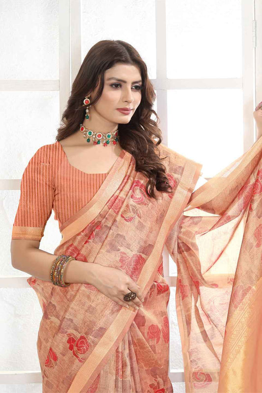 ZAMUNA Orange Tissue Woven Floral Digital Print Saree with Blouse Piece – Festive & Bridal Elegance