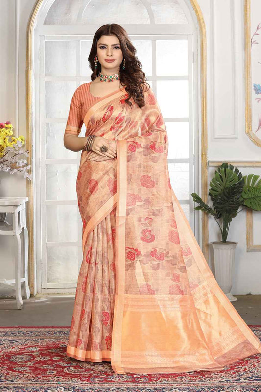 ZAMUNA Orange Tissue Woven Floral Digital Print Saree with Blouse Piece – Festive & Bridal Elegance