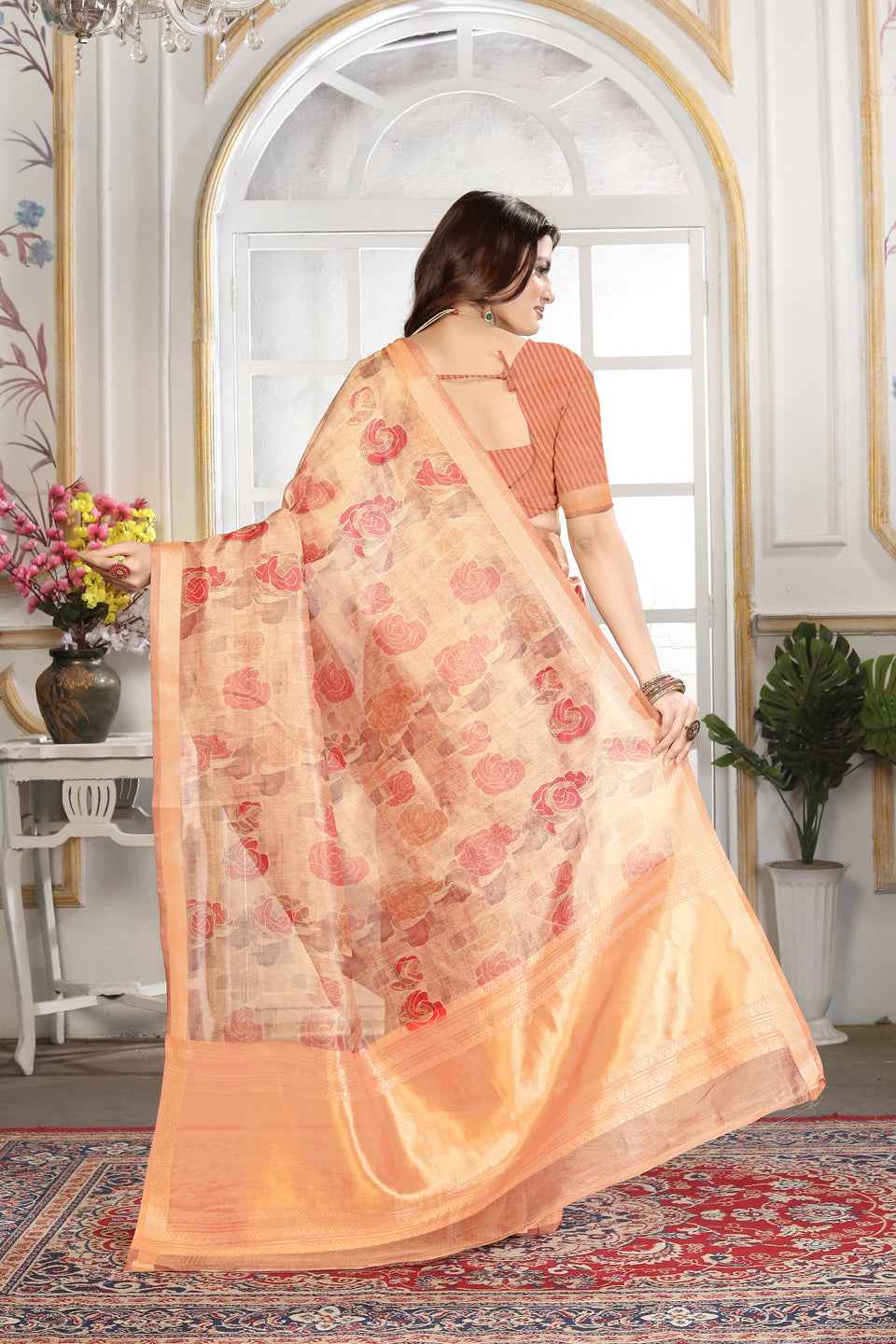 ZAMUNA Orange Tissue Woven Floral Digital Print Saree with Blouse Piece – Festive & Bridal Elegance