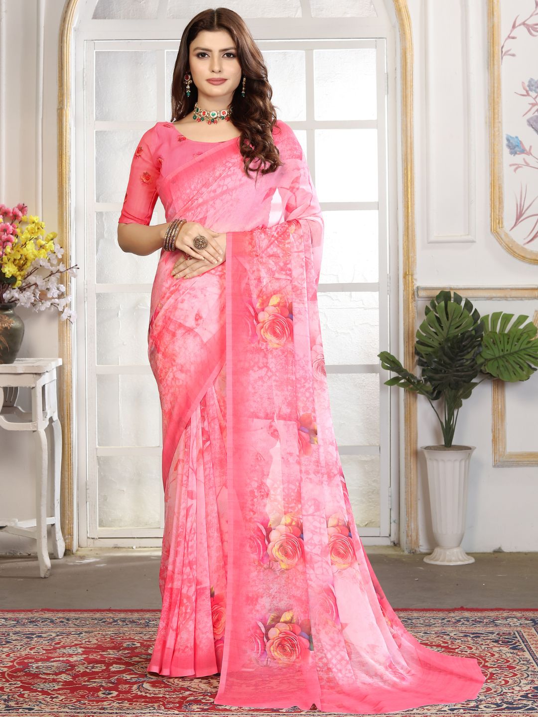 ZAMUNA Pink Georgette Floral Digital Print Saree with Blouse Piece – Elegant Bridal & Festive Choice