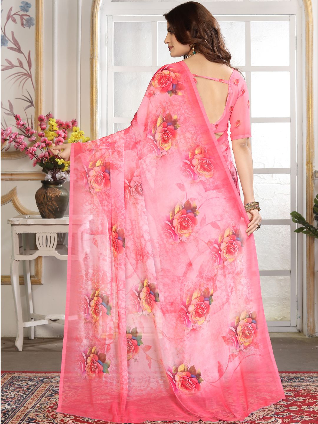 ZAMUNA Pink Georgette Floral Digital Print Saree with Blouse Piece – Elegant Bridal & Festive Choice