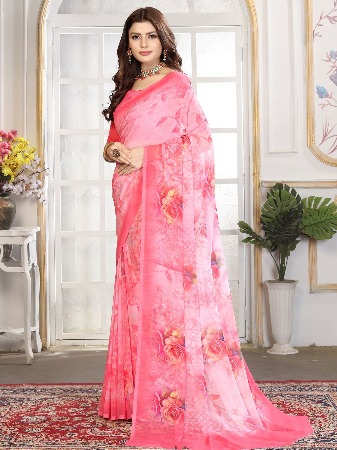 ZAMUNA Pink Georgette Floral Digital Print Saree with Blouse Piece – Elegant Bridal & Festive Choice