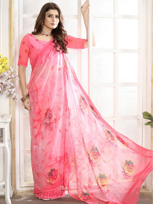 ZAMUNA Pink Georgette Floral Digital Print Saree with Blouse Piece – Elegant Bridal & Festive Choice