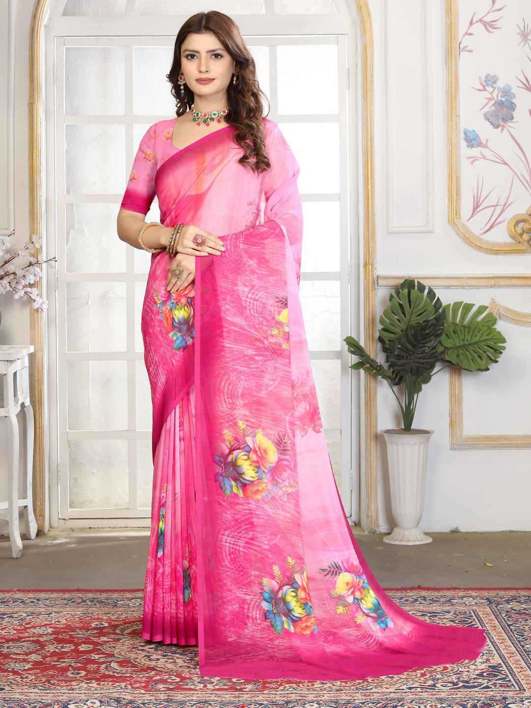 ZAMUNA Pink Georgette Floral Digital Print Saree with Blouse Piece – Elegant Festive & Bridal Saree