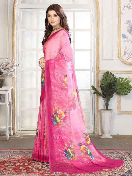 ZAMUNA Pink Georgette Floral Digital Print Saree with Blouse Piece – Elegant Festive & Bridal Saree