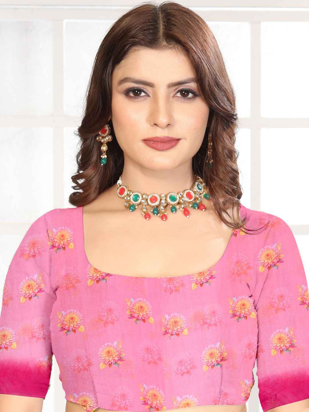 ZAMUNA Pink Georgette Floral Digital Print Saree with Blouse Piece – Elegant Festive & Bridal Saree