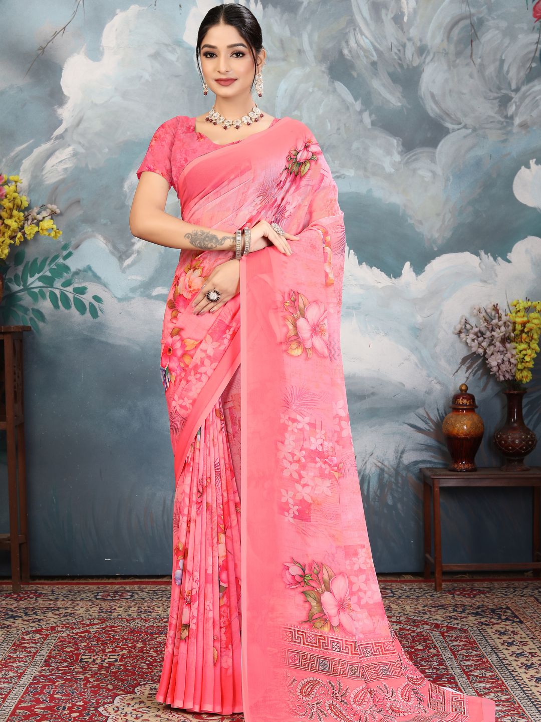 ZAMUNA Pink Georgette Floral Digital Print Saree with Blouse Piece – Graceful Party & Festive Look
