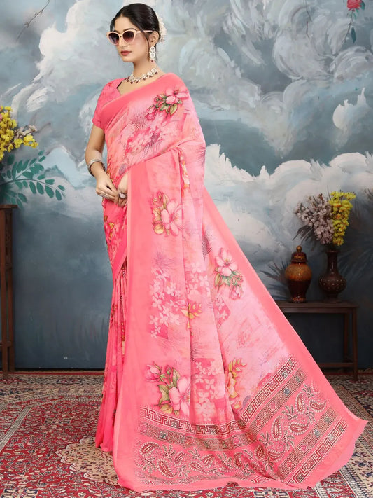 ZAMUNA Pink Georgette Floral Digital Print Saree with Blouse Piece – Graceful Party & Festive Look