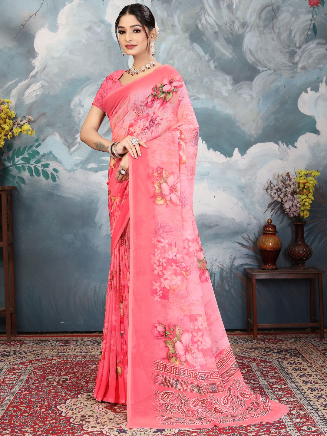 ZAMUNA Pink Georgette Floral Digital Print Saree with Blouse Piece – Graceful Party & Festive Look