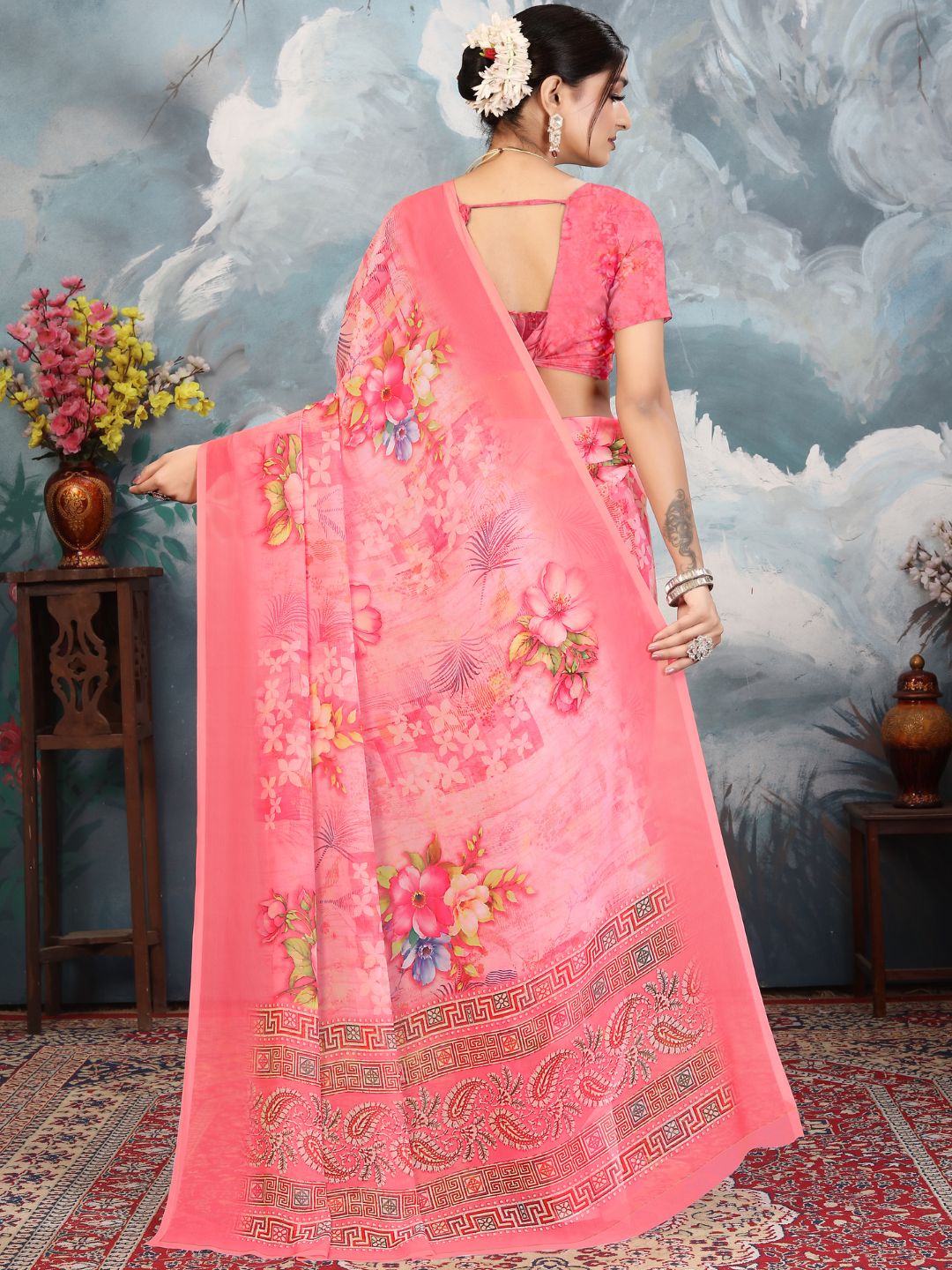 ZAMUNA Pink Georgette Floral Digital Print Saree with Blouse Piece – Graceful Party & Festive Look