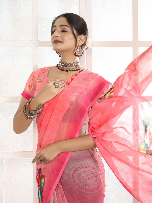 ZAMUNA Pink Georgette Floral Digital Print Saree with Blouse Piece – Romantic Wedding & Party Look