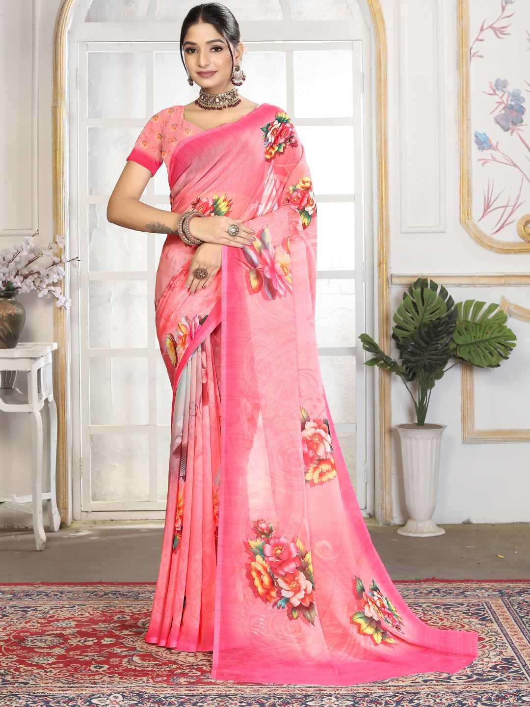 ZAMUNA Pink Georgette Floral Digital Print Saree with Blouse Piece – Romantic Wedding & Party Look
