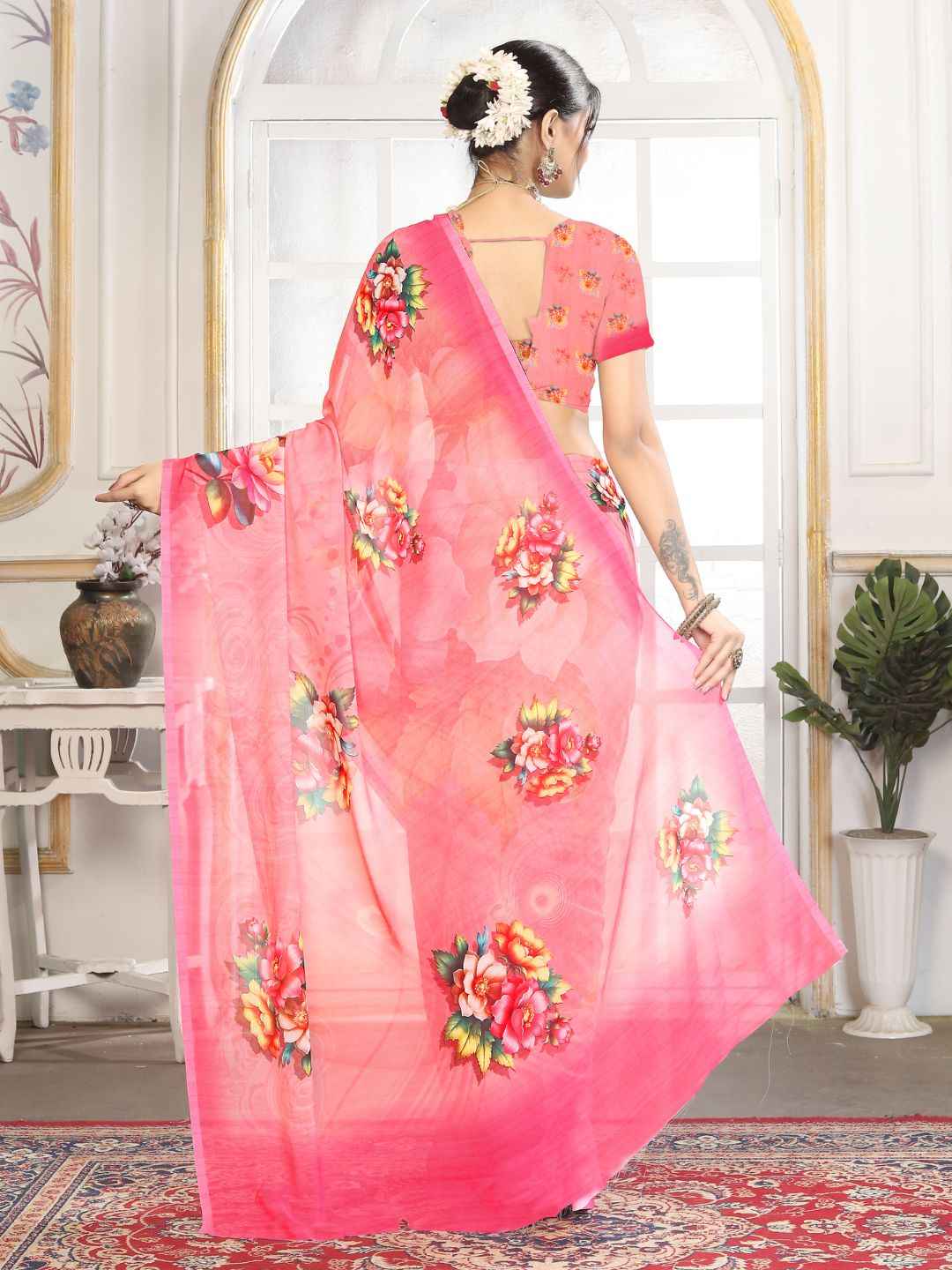 ZAMUNA Pink Georgette Floral Digital Print Saree with Blouse Piece – Romantic Wedding & Party Look