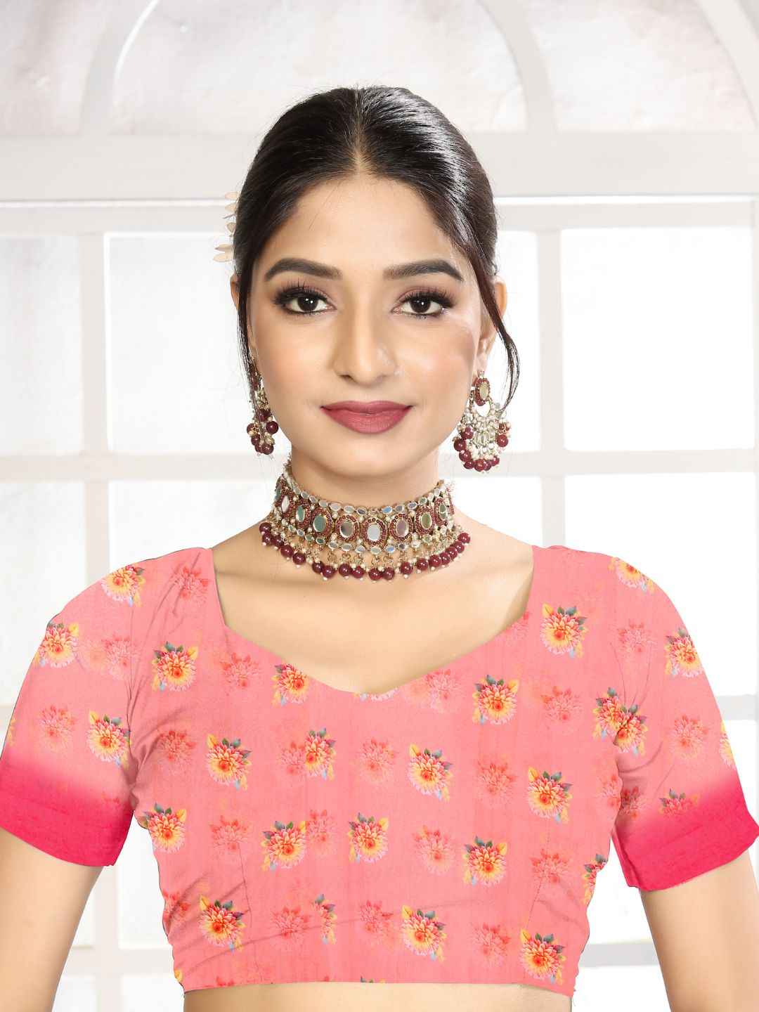 ZAMUNA Pink Georgette Floral Digital Print Saree with Blouse Piece – Romantic Wedding & Party Look