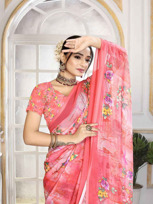 ZAMUNA Red Georgette Floral Digital Print Saree with Blouse Piece – Glamorous Wedding & Party Wear