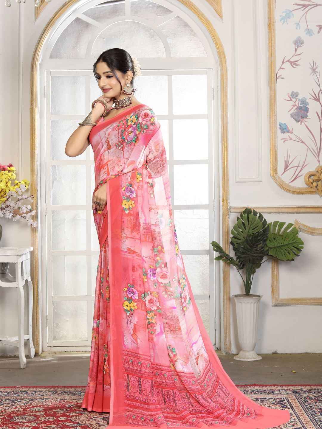ZAMUNA Red Georgette Floral Digital Print Saree with Blouse Piece – Glamorous Wedding & Party Wear