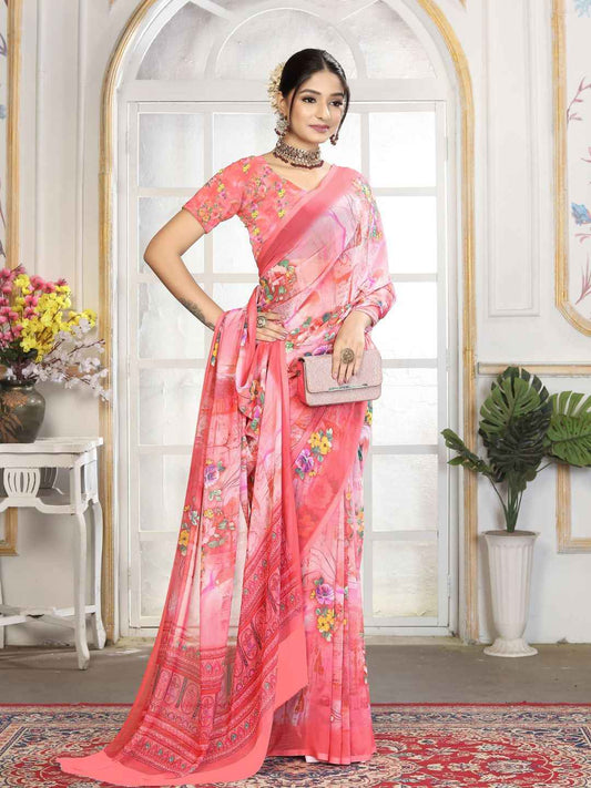 ZAMUNA Red Georgette Floral Digital Print Saree with Blouse Piece – Glamorous Wedding & Party Wear