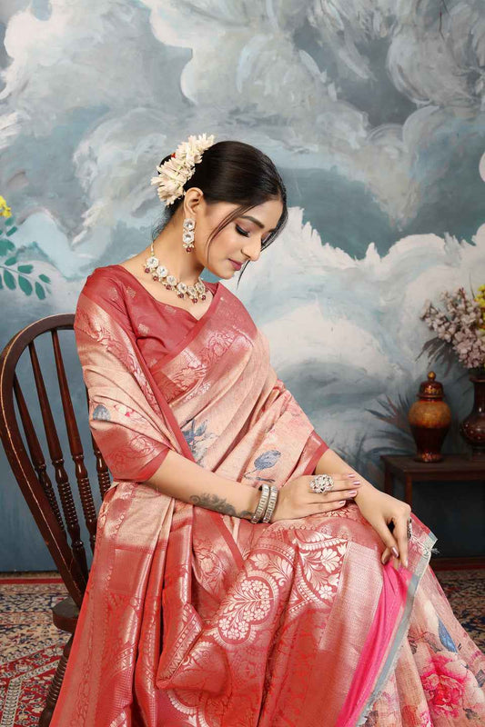 ZAMUNA Red Silk Kanjivaram Digital Print Saree with Blouse Piece – Majestic Wedding Saree