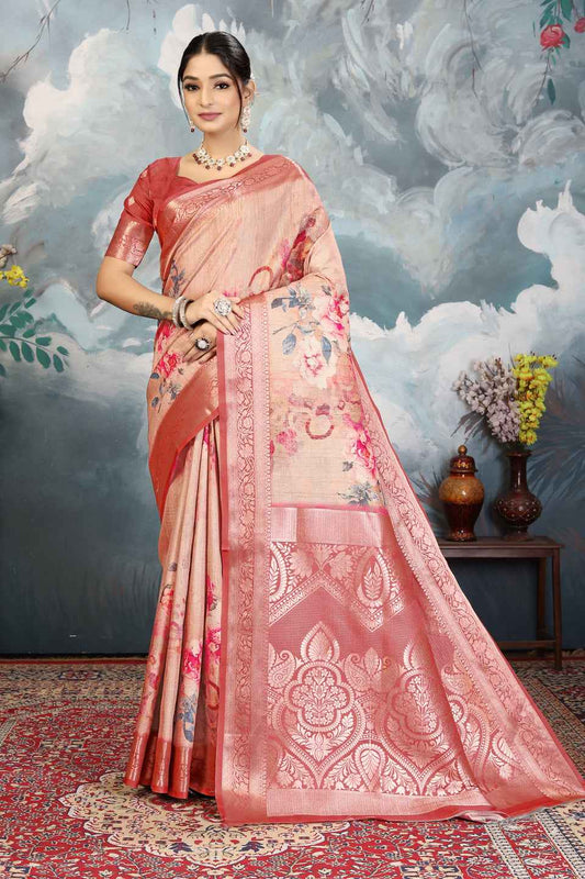 ZAMUNA Red Silk Kanjivaram Digital Print Saree with Blouse Piece – Majestic Wedding Saree