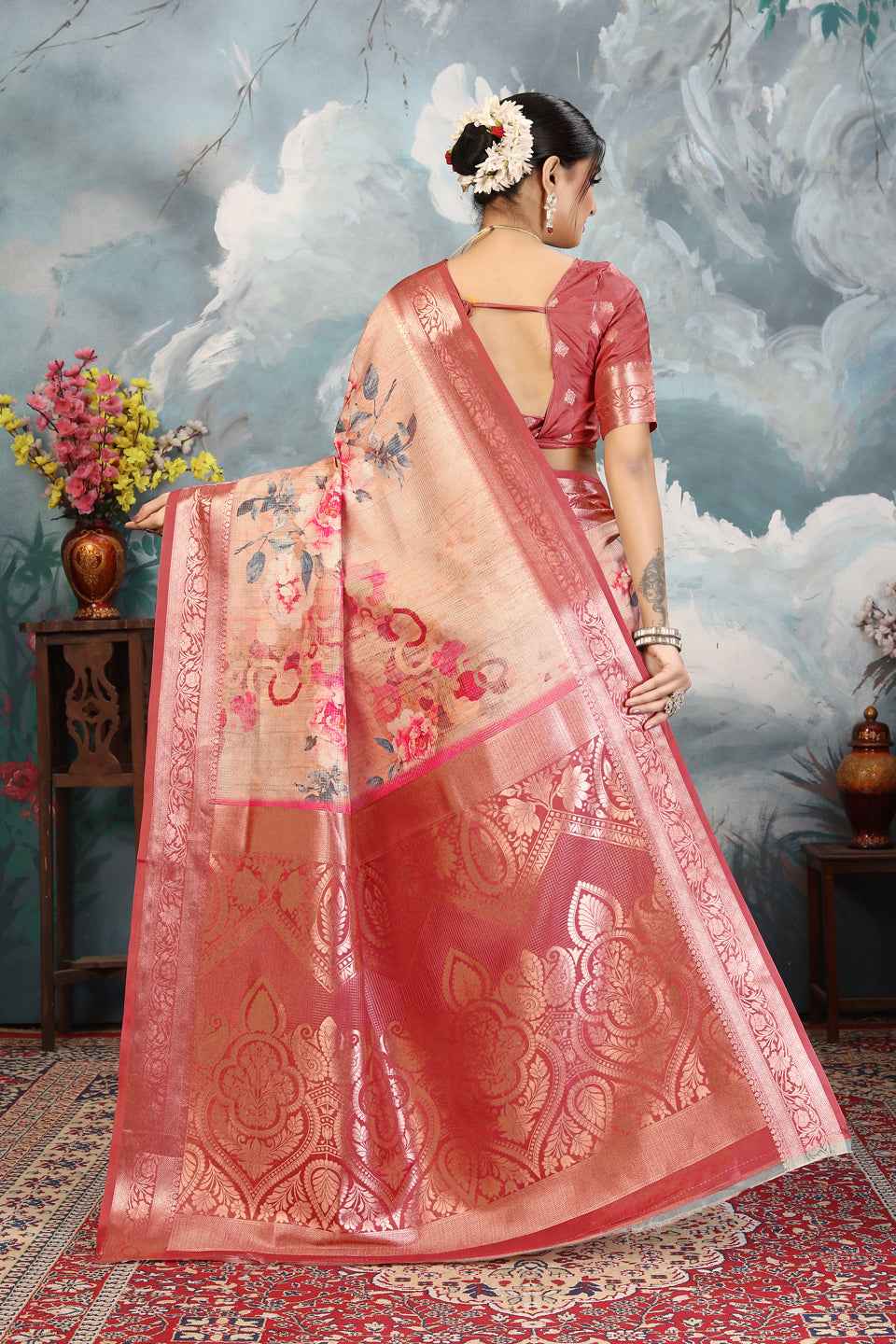 ZAMUNA Red Silk Kanjivaram Digital Print Saree with Blouse Piece – Majestic Wedding Saree