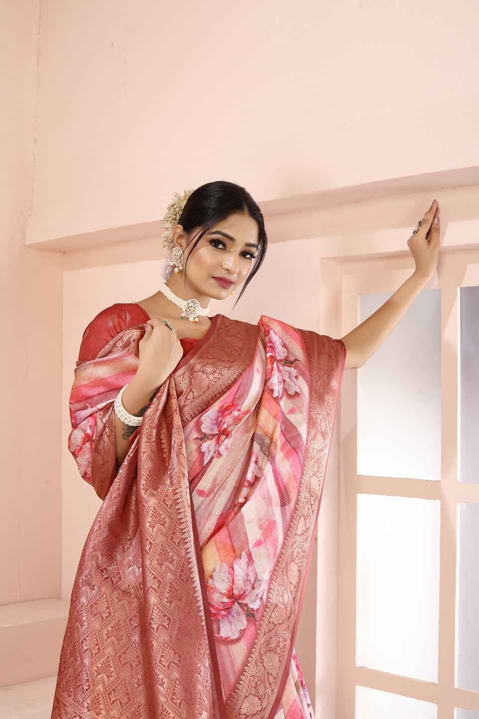 ZAMUNA Red Silk Kanjivaram Digital Print Saree with Blouse Piece – Rich Bridal & Party Wear