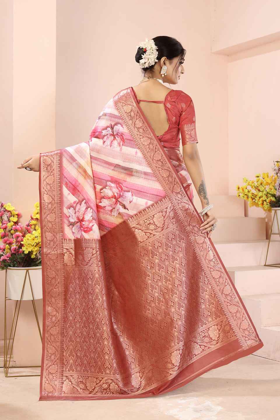 ZAMUNA Red Silk Kanjivaram Digital Print Saree with Blouse Piece – Rich Bridal & Party Wear
