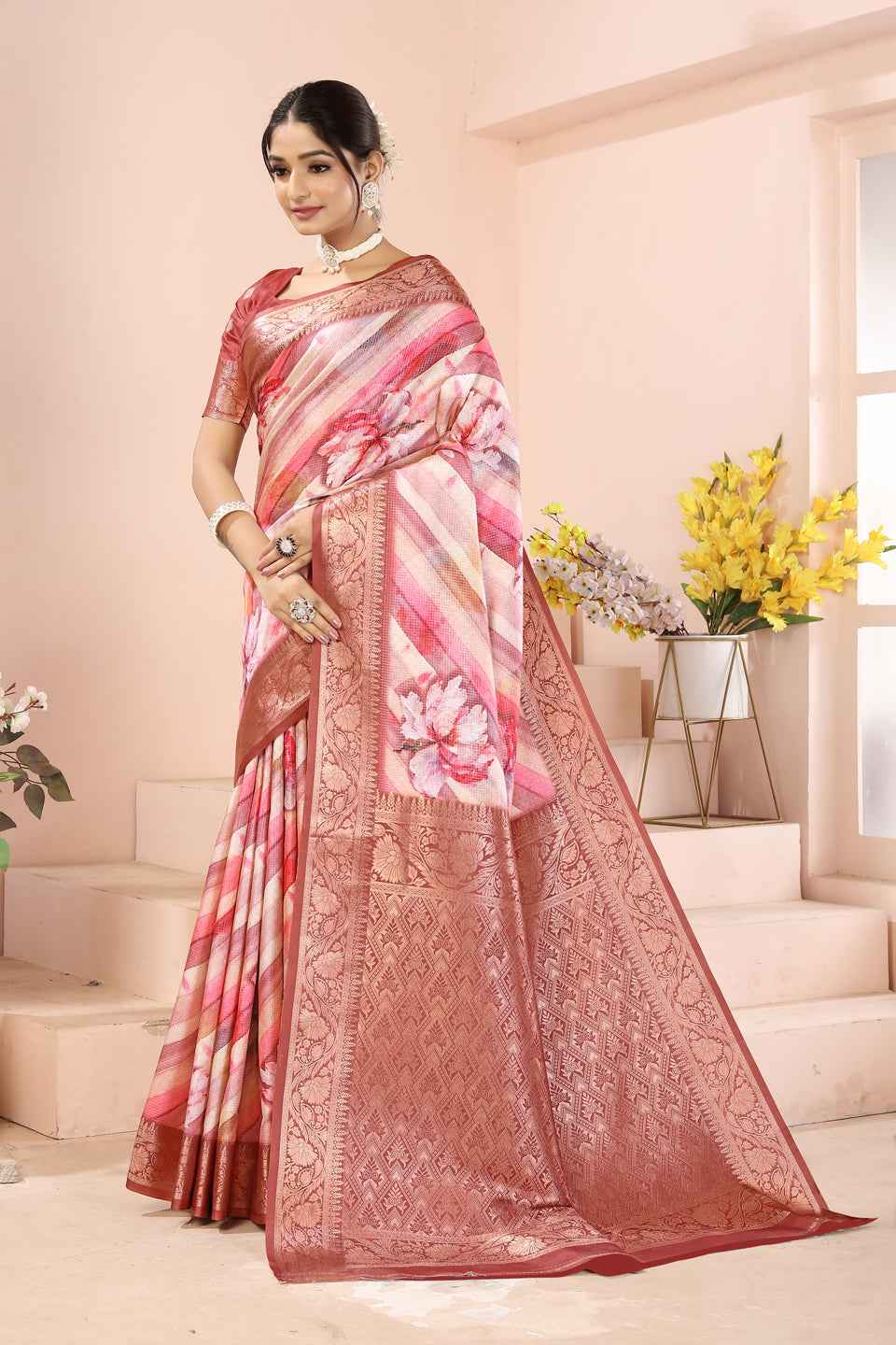 ZAMUNA Red Silk Kanjivaram Digital Print Saree with Blouse Piece – Rich Bridal & Party Wear