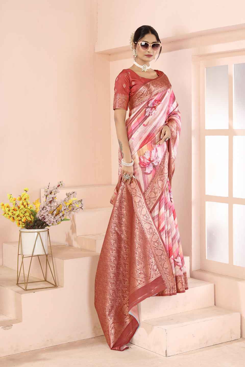 ZAMUNA Red Silk Kanjivaram Digital Print Saree with Blouse Piece – Rich Bridal & Party Wear