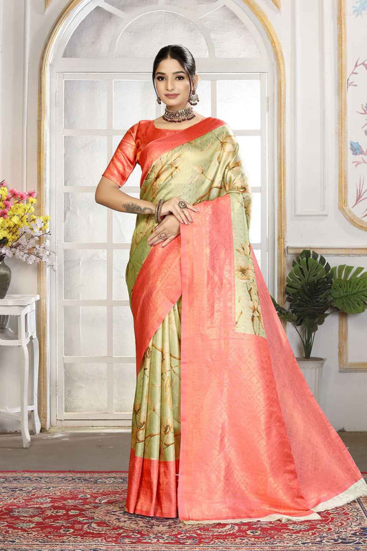 ZAMUNA Red Silk Woven Digital Print Saree with Blouse Piece – Rich Wedding & Festive Look