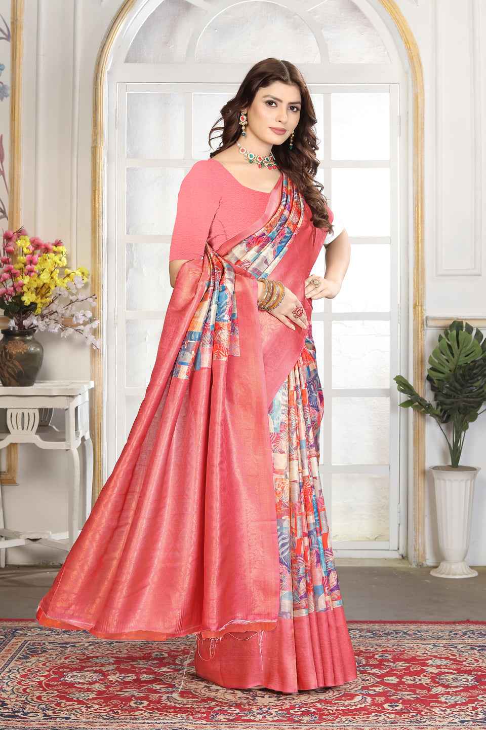 ZAMUNA Red Silk Woven Digital Print Saree with Blouse Piece – Stunning Bridal & Reception Saree