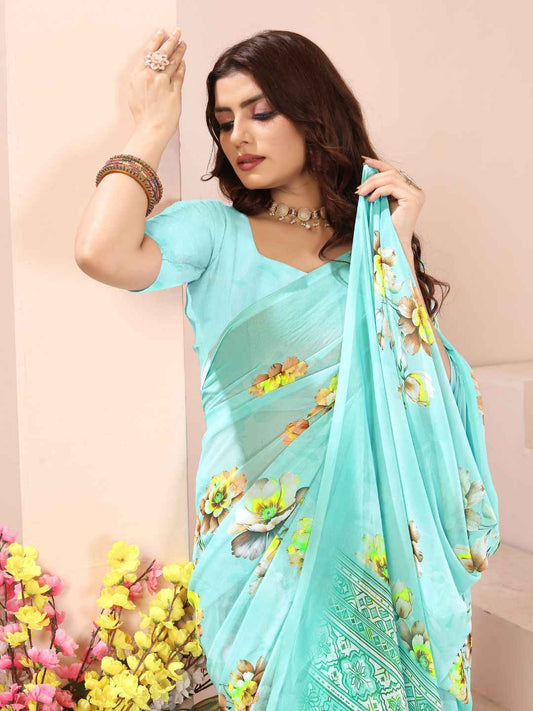 ZAMUNA Sky Blue Georgette Floral Digital Print Saree with Blouse Piece – Fresh Pastel Wedding Saree