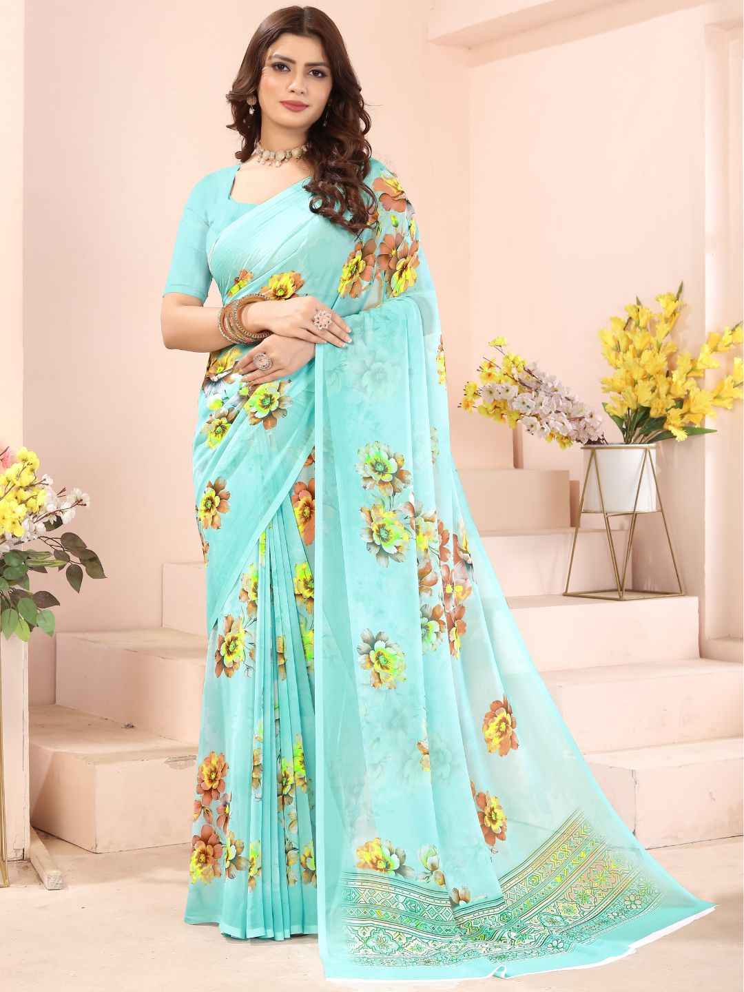 ZAMUNA Sky Blue Georgette Floral Digital Print Saree with Blouse Piece – Fresh Pastel Wedding Saree