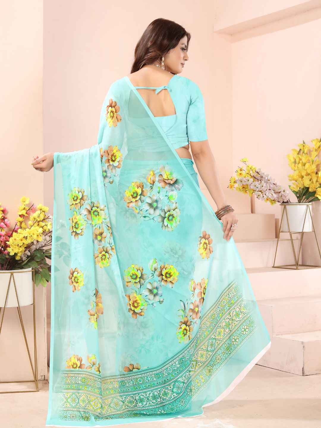 ZAMUNA Sky Blue Georgette Floral Digital Print Saree with Blouse Piece – Fresh Pastel Wedding Saree