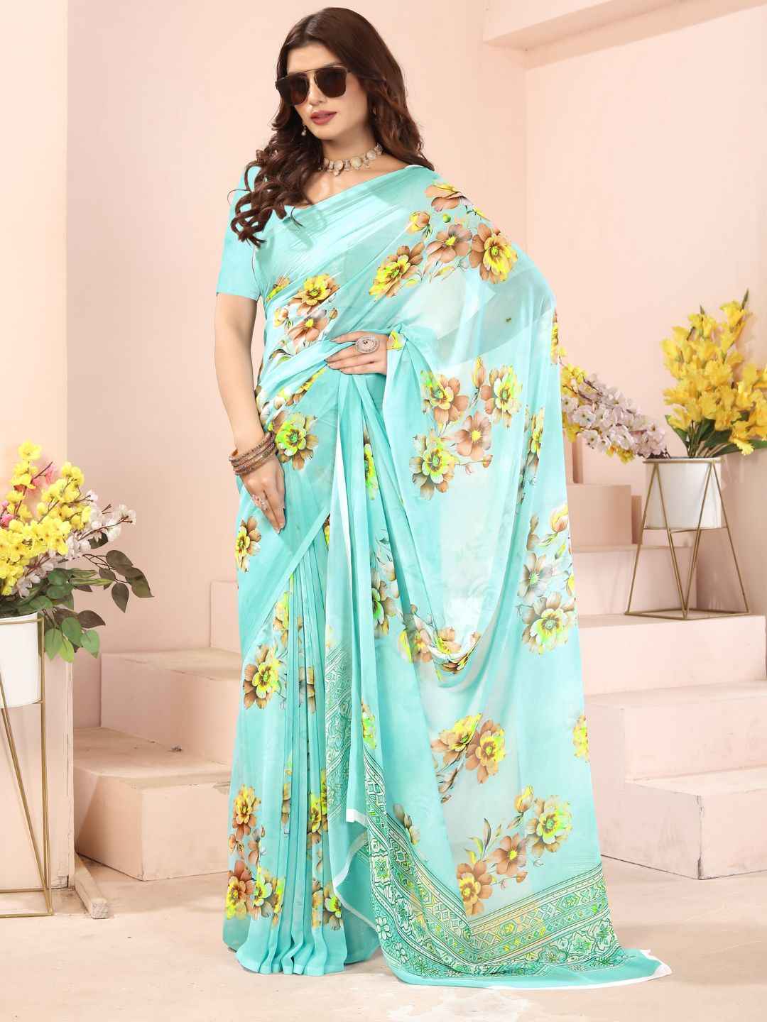 ZAMUNA Sky Blue Georgette Floral Digital Print Saree with Blouse Piece – Fresh Pastel Wedding Saree