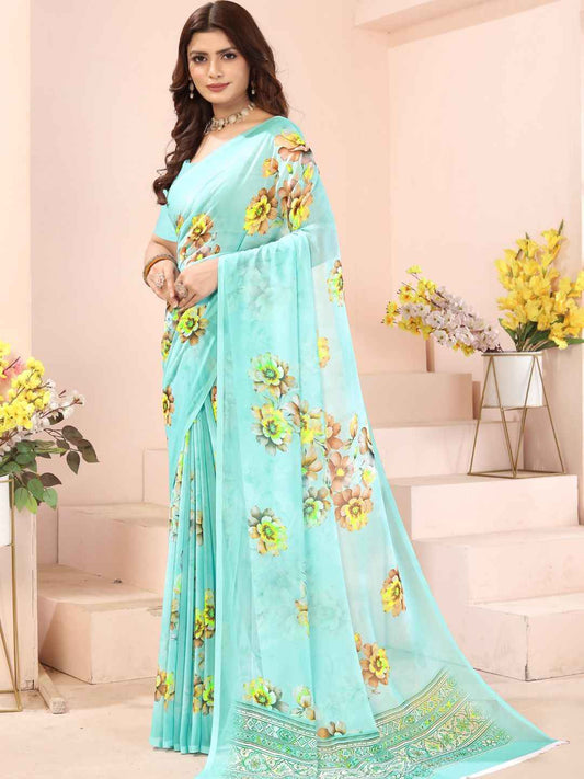 ZAMUNA Sky Blue Georgette Floral Digital Print Saree with Blouse Piece – Fresh Pastel Wedding Saree