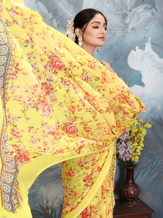 ZAMUNA Yellow Georgette Floral Digital Print Saree with Blouse Piece – Radiant Wedding & Festive Saree