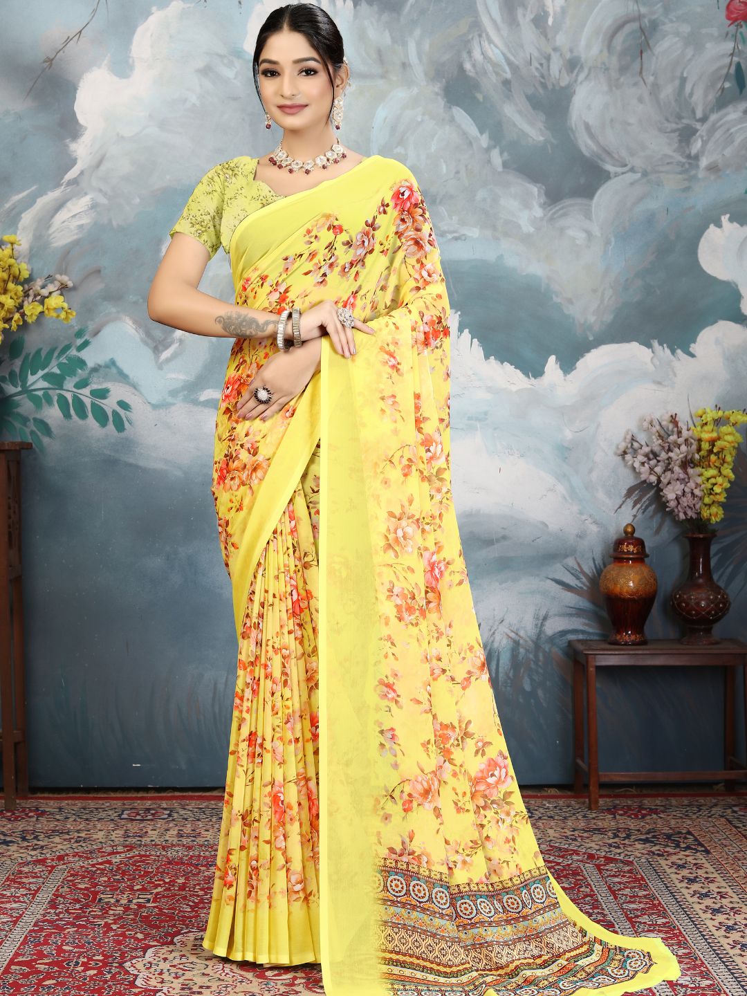 ZAMUNA Yellow Georgette Floral Digital Print Saree with Blouse Piece – Radiant Wedding & Festive Saree